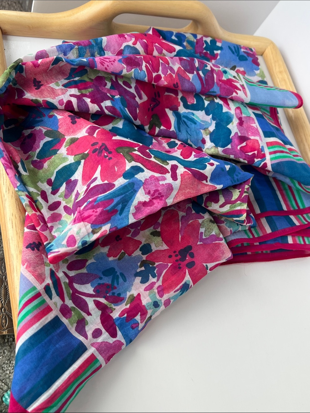 Tommy Bahama Floral Cotton Silk Scarf Wrap 73x39 Large Tropical Shawl Pink Blue - Picture 9 of 10